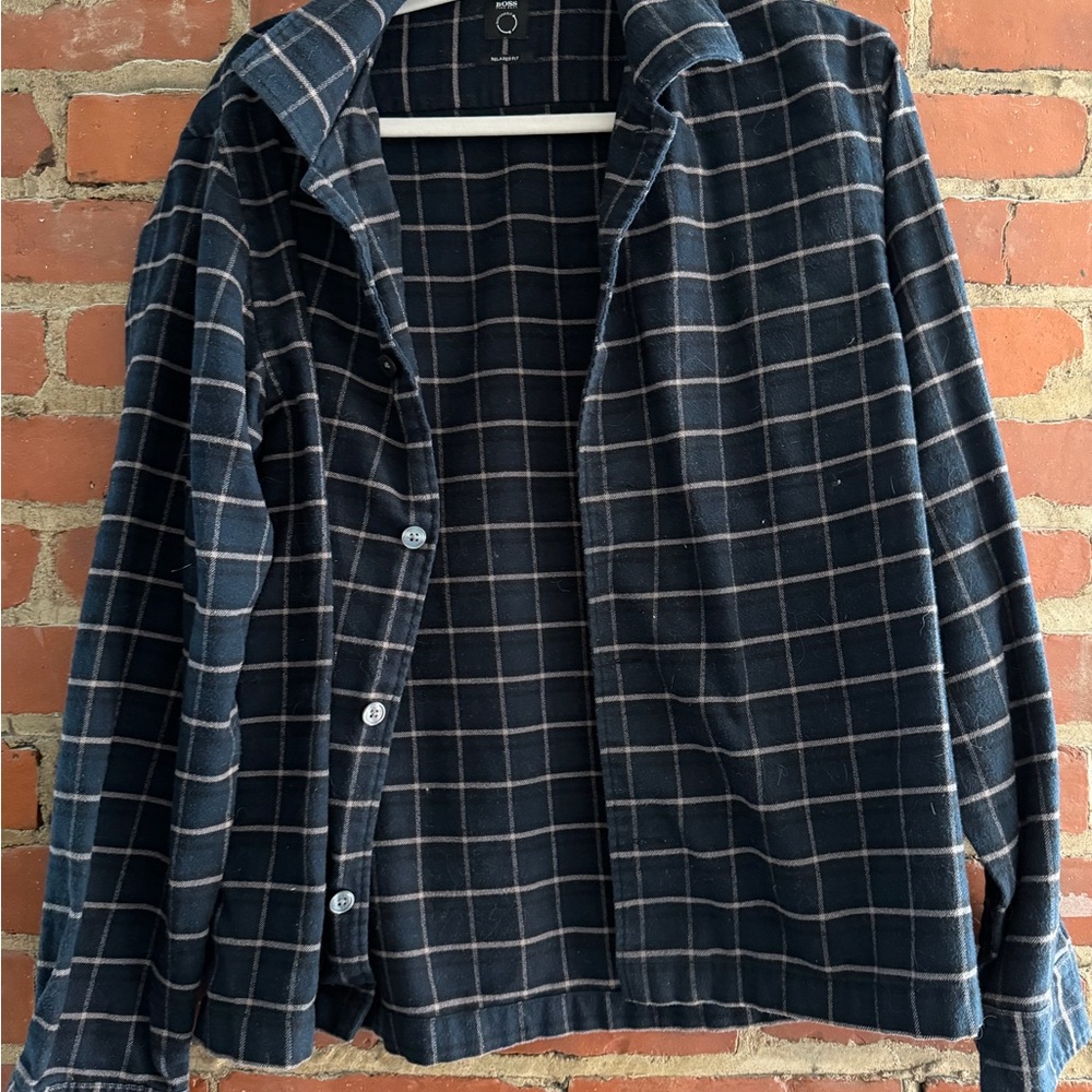 Hugo Boss Navy Plaid Relaxed-Fit Shirt Jacket